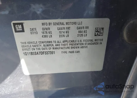 2013 Chevrolet Malibu 1Ls z USA, uszkodzony, nr VIN 1G11B5SA7DF337391